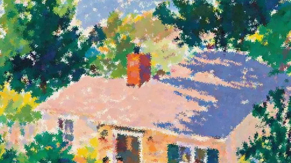 Painted scene of a family home surrounded by trees