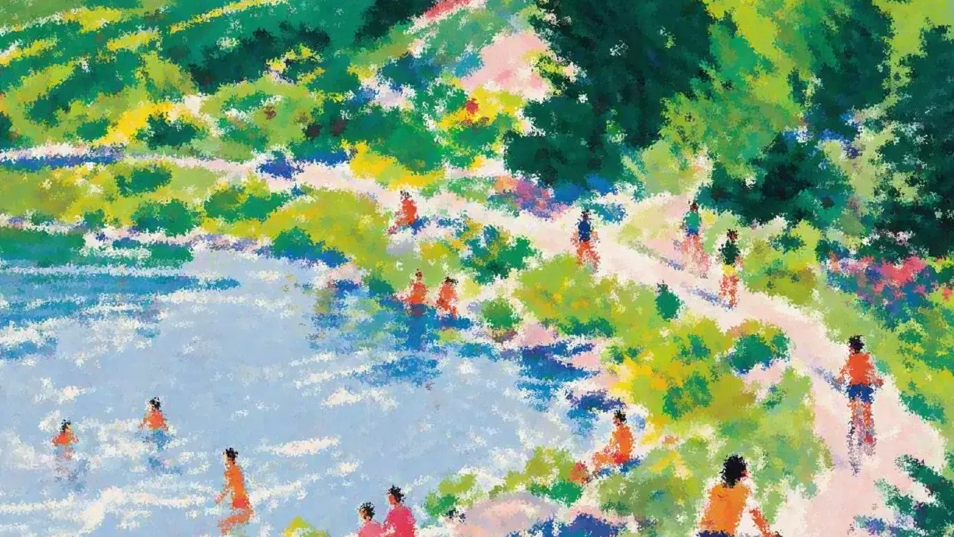 Painted scene of people cycling and swimming along a lakeside path
