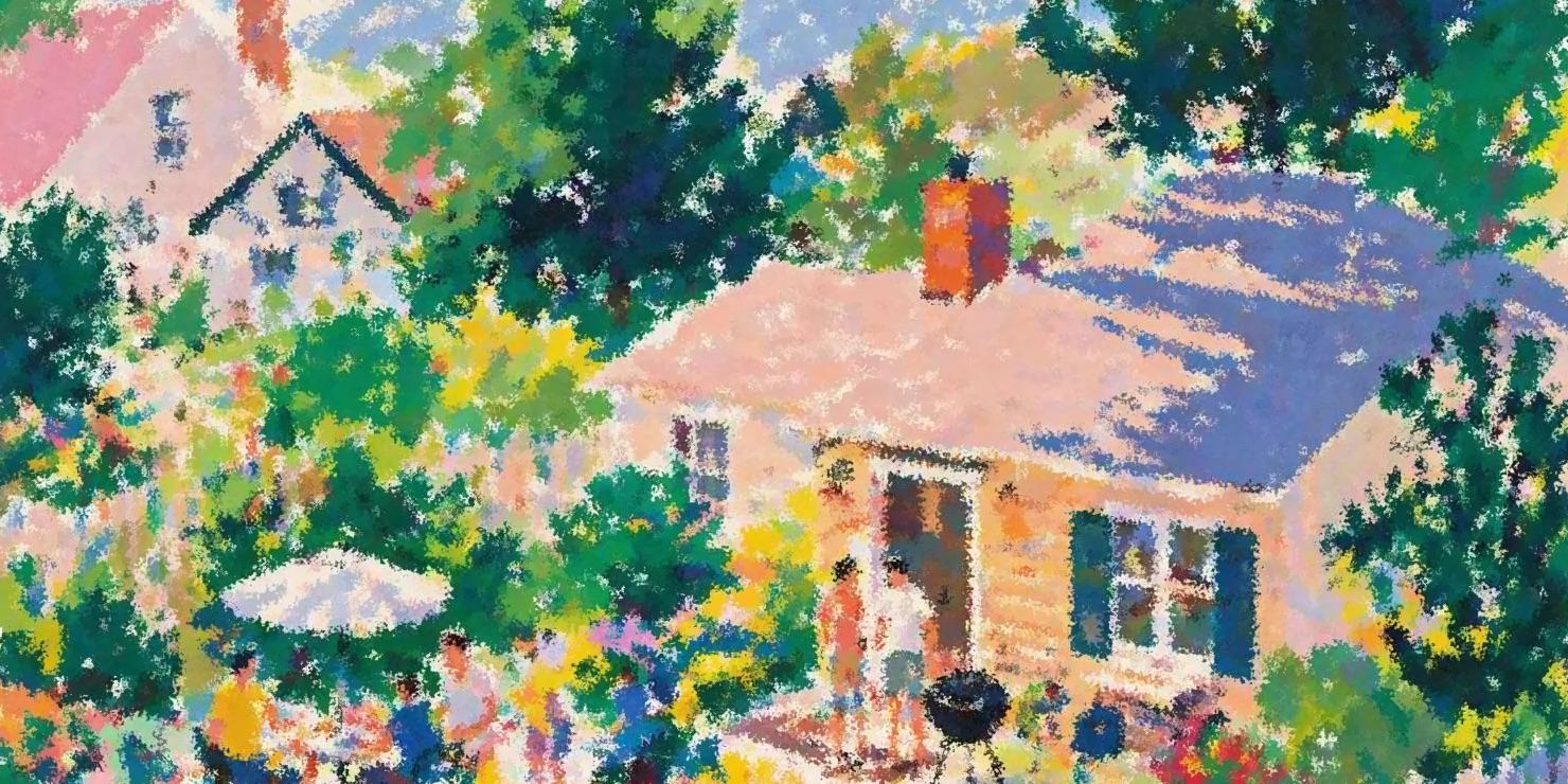 Painted scene of a family gathered in the backyard of their home