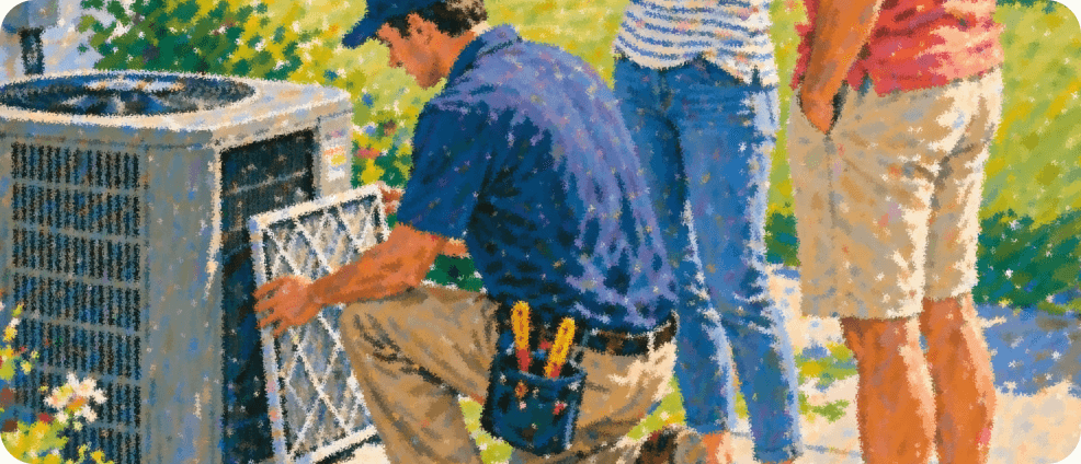 HVAC technician servicing an outdoor AC unit while homeowners watch
