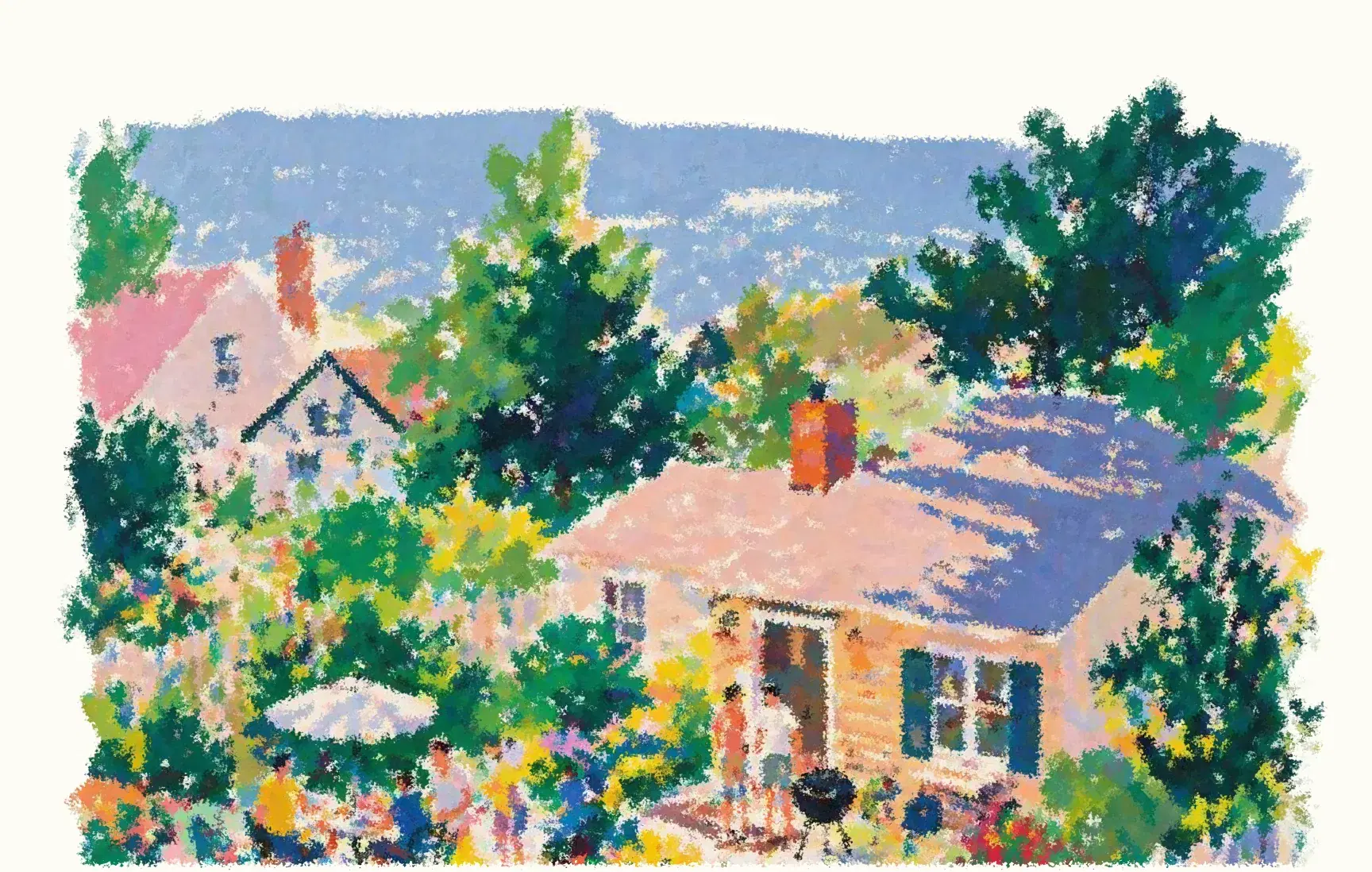 Painted scene of a family gathered in the backyard of their home