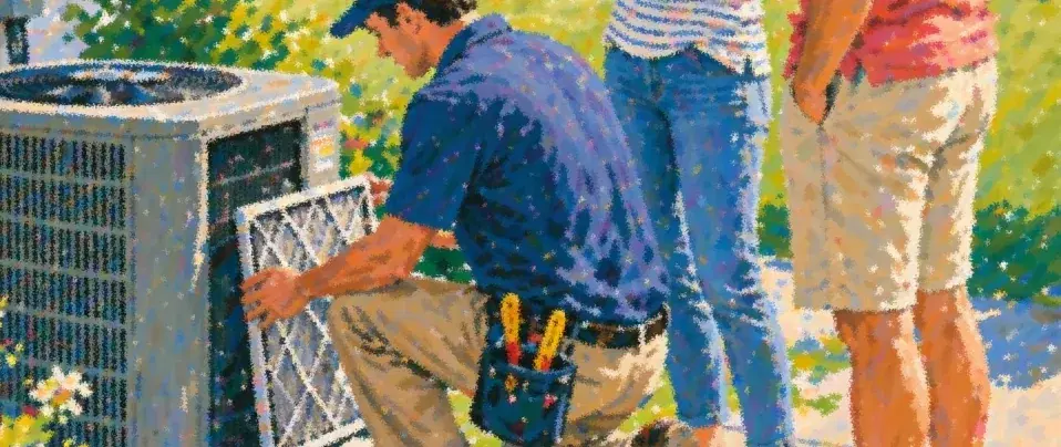 Painted scene of a technician servicing a home's outdoor AC unit while the homeowners watch