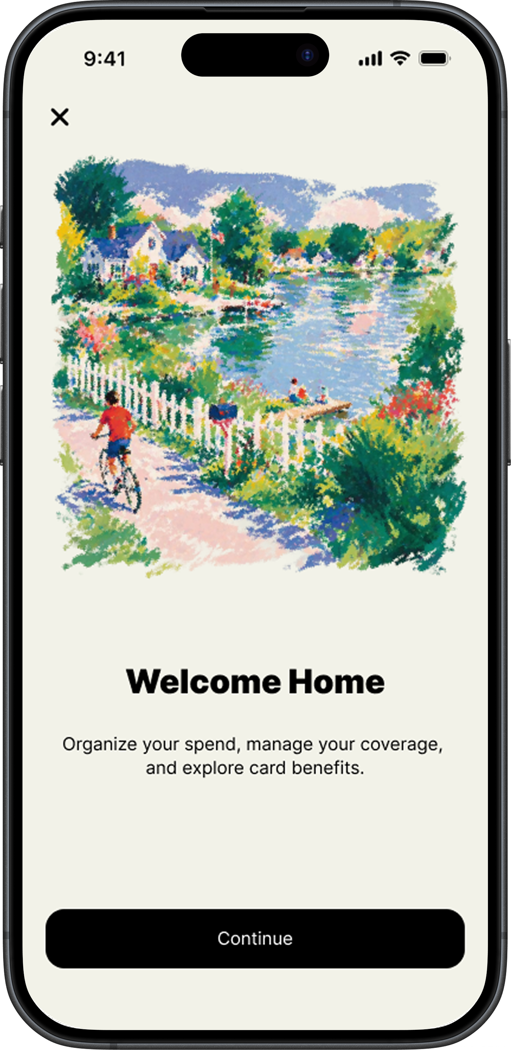 Made app welcome screen: Welcome Home, over a painting of a lakeside neighborhood